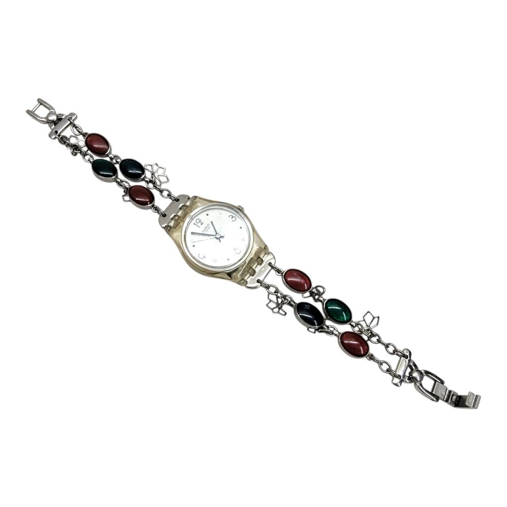 Swatch 2009 Lady Charm Bracelet Watch Swiss Quartz Multicolor Stone Dainty
